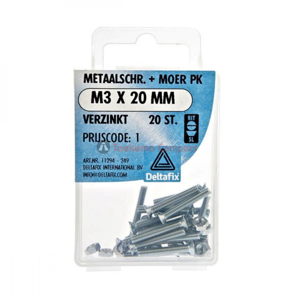 Deltafix Metaalschroef + Moer PK Verzinkt M3x20mm 20st